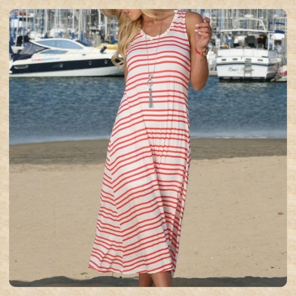 Coral-striped Pom Maxi Dress - Picture 1 of 2
